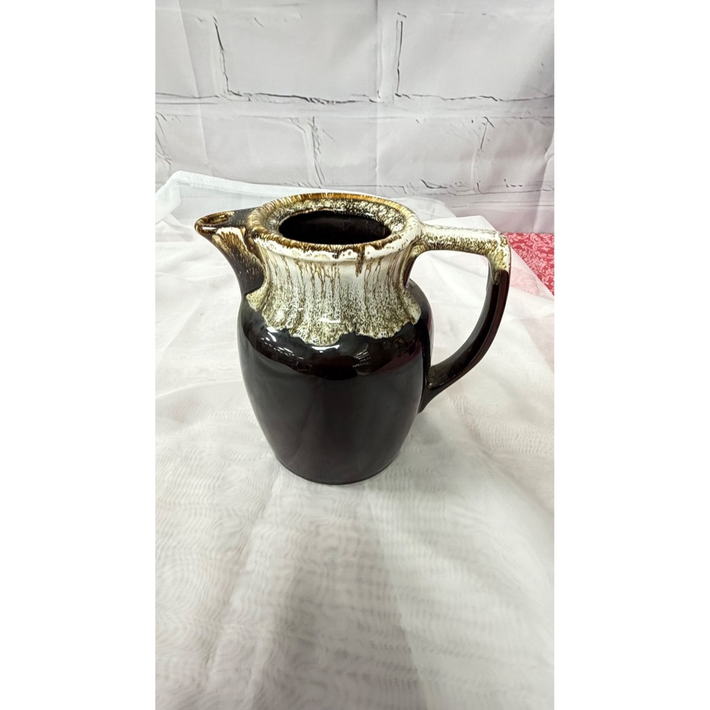 Vintage Brown and White Drip Glaze Ceramic Pitcher Mid Century Modern Decor